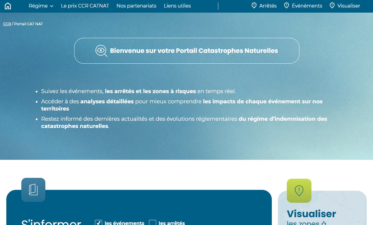 Portail dédié aux catastrophes naturelles, outil essentiel dans les missions d’activité de réassurance publique en France.


