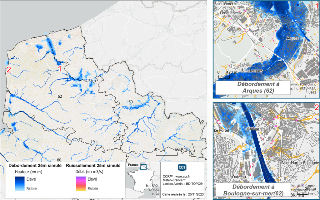 Carte de modélisation des inondations dans le Nord de la France – novembre 2023