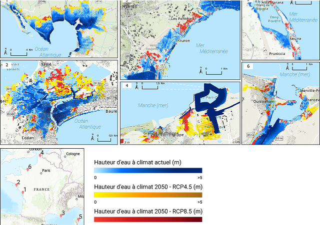 Cartes de simulation des effets du changement climatique sur les risques de submersion en France