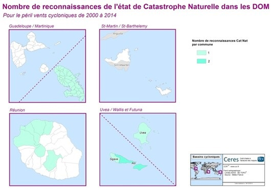 Cartes des DOM indiquant le nombre de reconnaissances de catastrophe naturelle cyclonique par commune entre 2000 et 2014