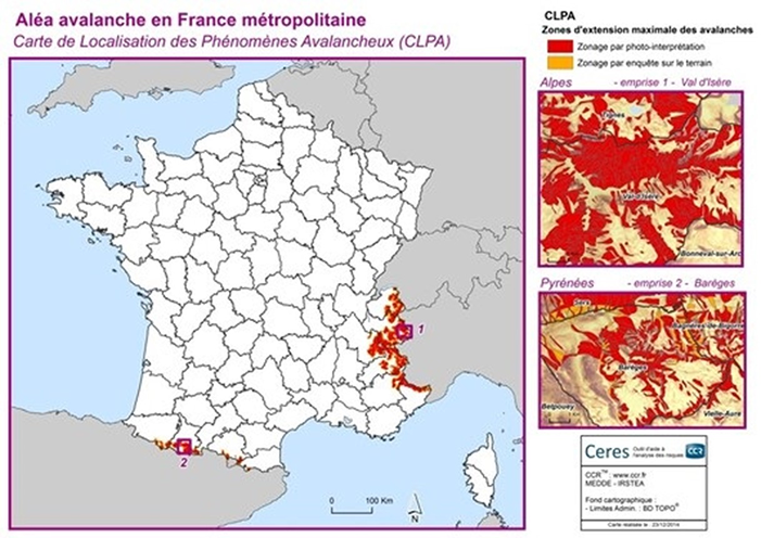 Carte des zones à risque d’avalanche en France métropolitaine avec focus sur les Alpes et les Pyrénées
