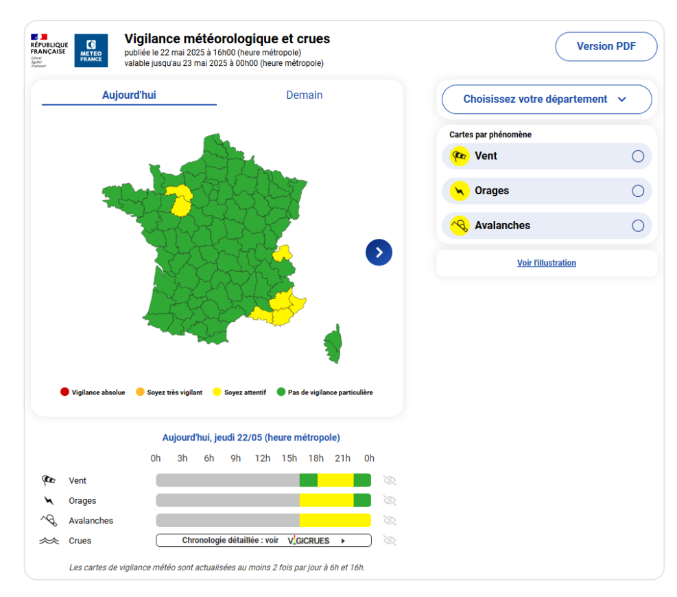 Carte de vigilance météo en France – Alerte aux orages et vents violents par Météo France