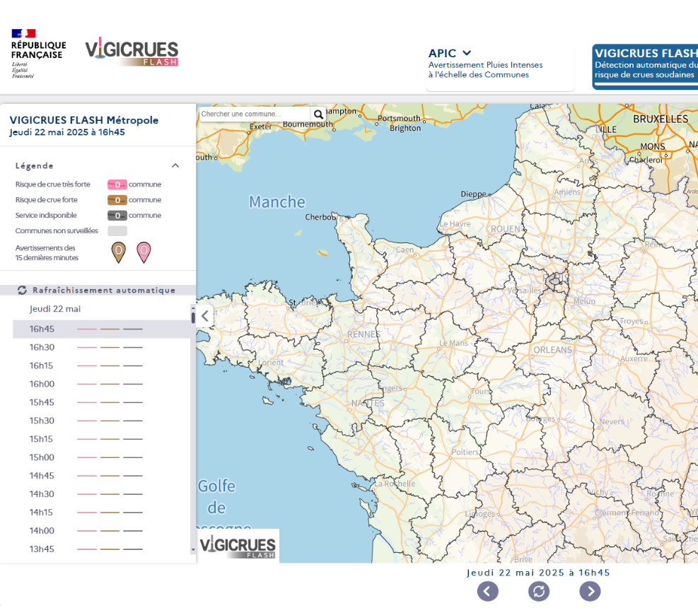Carte Vigicrues – Surveillance en temps réel des crues et inondations en France