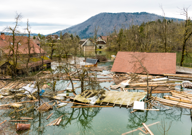 Zone rurale inondée avec des maisons partiellement submergées, des débris flottants et des arbres immergés, sur fond de montagne.