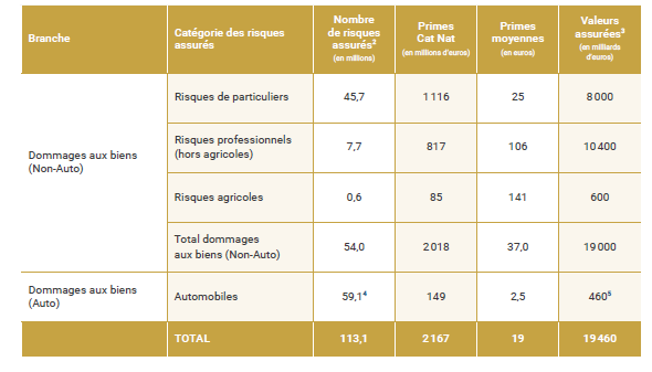 Tableau présentant les données d’assurance par branche et catégorie de risques assurés en France, incluant le nombre de risques assurés, les primes Cat Nat, les primes moyennes et les valeurs assurées.