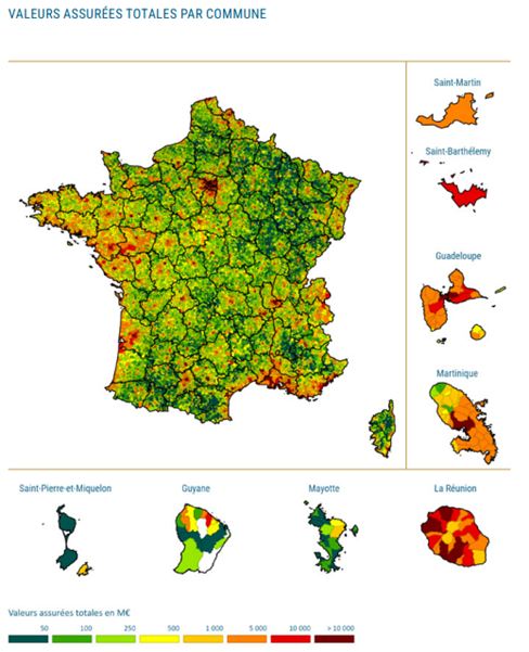 Carte de France et des territoires d’outre-mer représentant les valeurs assurées totales par commune, avec une légende colorée indiquant les montants en millions d’euros.