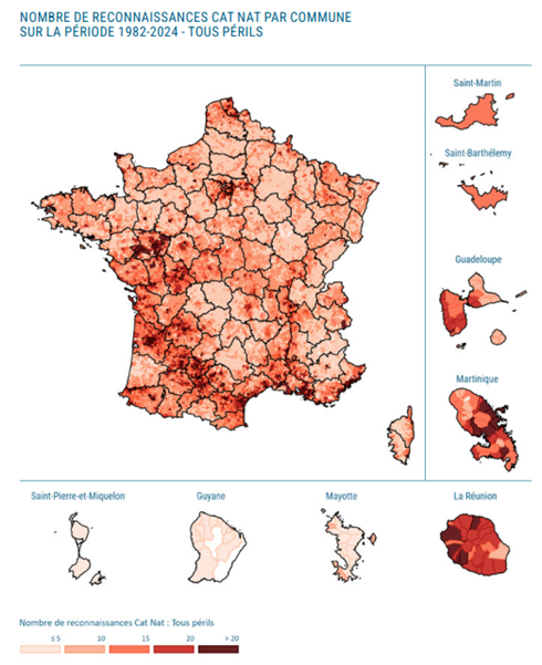 Carte représentant le nombre de reconnaissances Cat Nat par commune en France pour tous les périls sur la période 1982-2024.