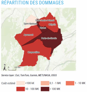 Carte des dommages économiques estimés, en dégradé de rouge selon le coût estimé dans chaque commune impactée (Apremont, Chapareillan, Porte-de-Savoie, etc.).