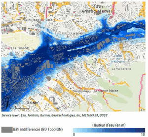 carte de simulation des hauteurs d’eau d’une crue extrême à Marseille (en nuances de bleu).
