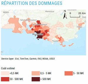 arte de répartition des dommages estimés (en rouge/orange) par zones.