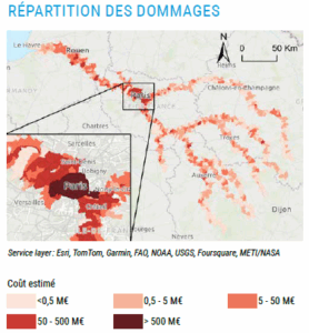 Carte de France du bassin parisien montrant en rouge les zones estimées comme fortement touchées économiquement par la crue centennale. Paris et ses environs apparaissent en foncé.
