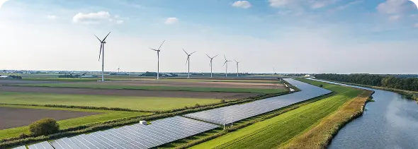 Panneaux solaires et éoliennes dans un paysage rural – investissement responsable de CCR pour la transition écologique - CCR réassureur public